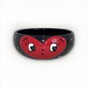 Johanna Parker Valentine’s Day Bowl Black Red Heart Face Carnival Cottage 7" NEW